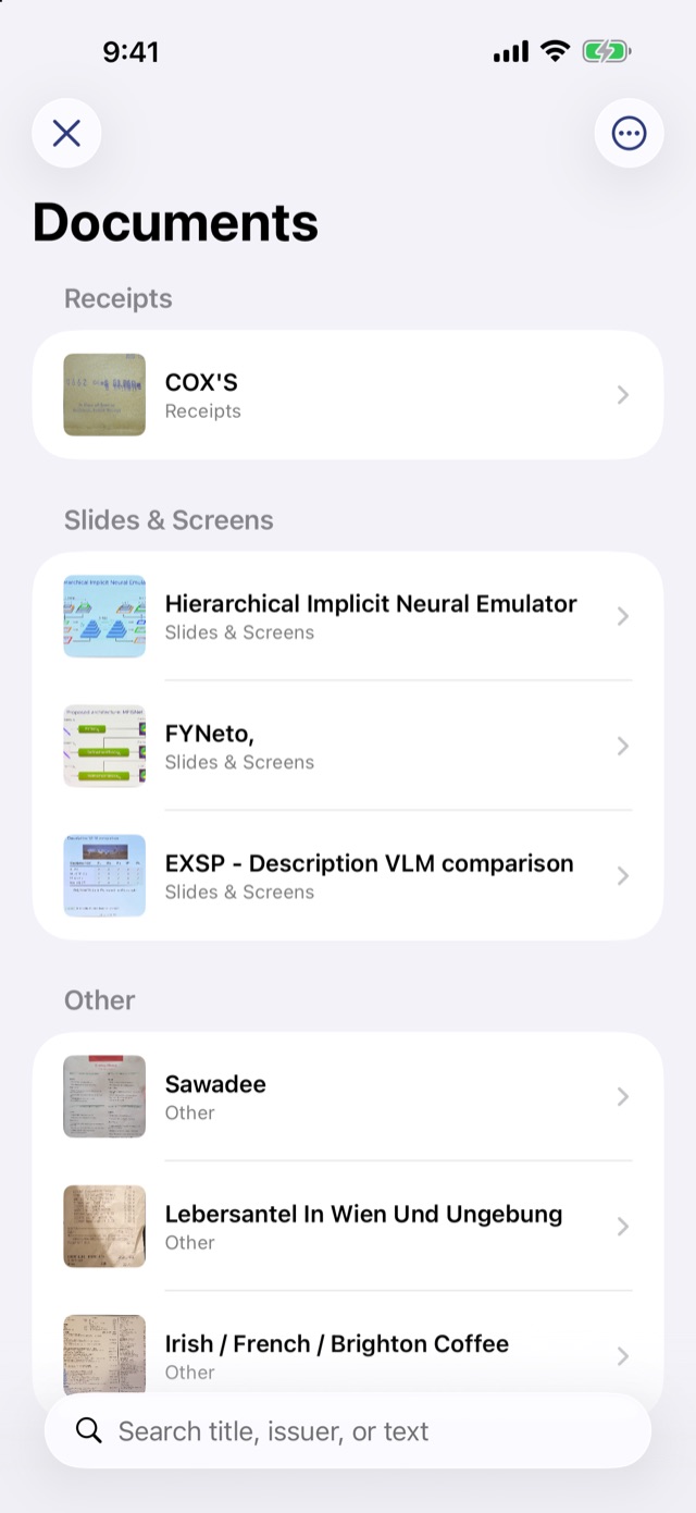 Documents sorted into categories with a search field