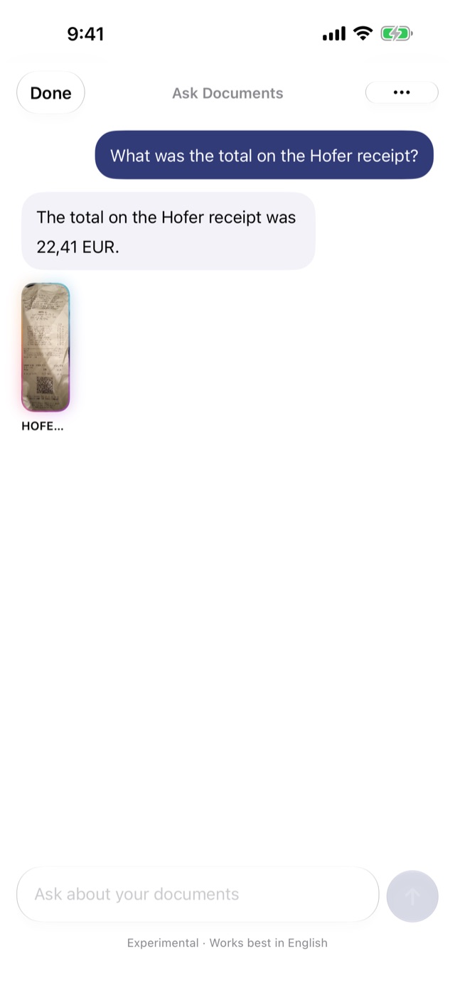 Asking AutoAlign about a receipt and getting the answer with its document