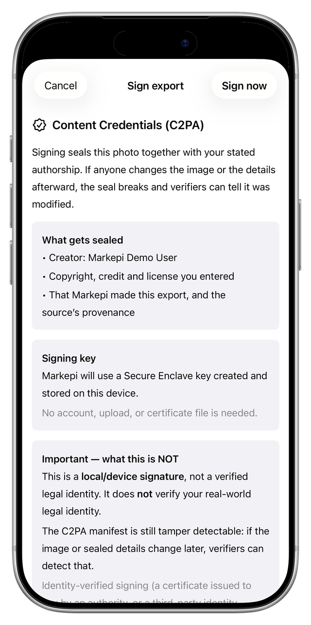 Sign export screen explaining what gets sealed, the Secure Enclave signing key, and what the signature is not