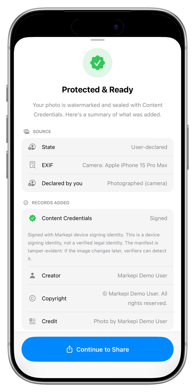 The Protected and Ready summary showing the declared source, the EXIF Markepi read, and the Content Credentials, creator, and copyright records sealed into the photo