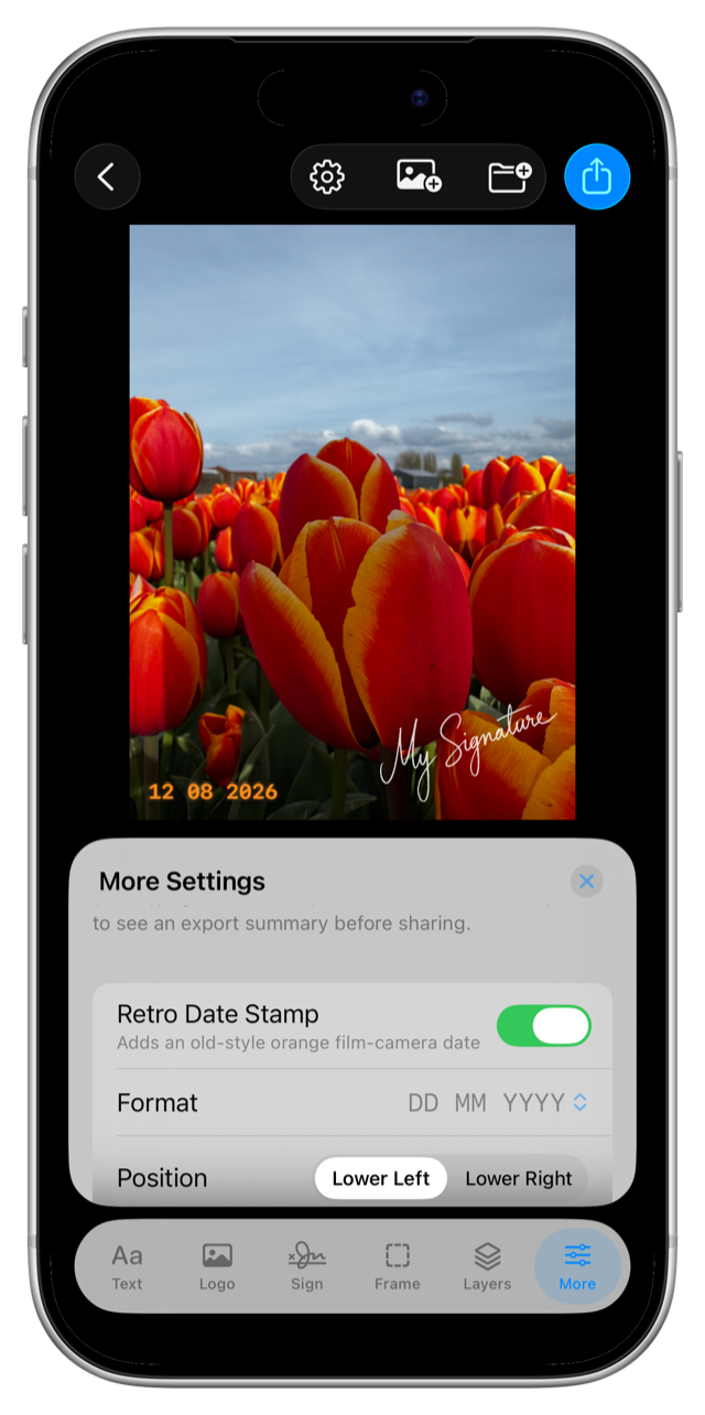 Retro Date Stamp settings with format and position controls, on a photo with a hand-drawn signature