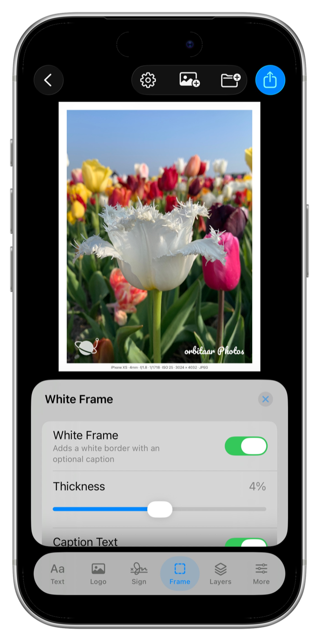 A photo in a white frame with a caption reading iPhone XS, 4mm, f/1.8, 1/1718, ISO 25, 3024 by 4032, JPEG, filled in automatically from the photo's EXIF data