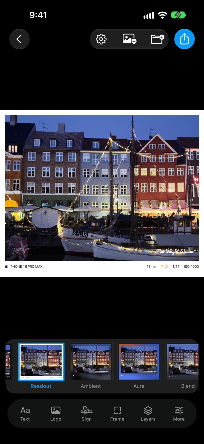 The same photo in the Readout frame with camera settings