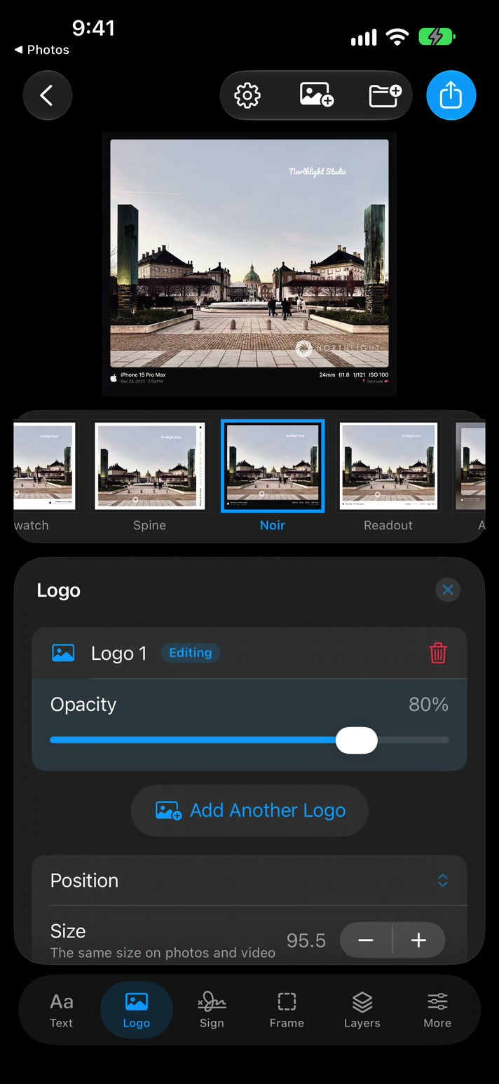 Logo panel with opacity, position and size controls