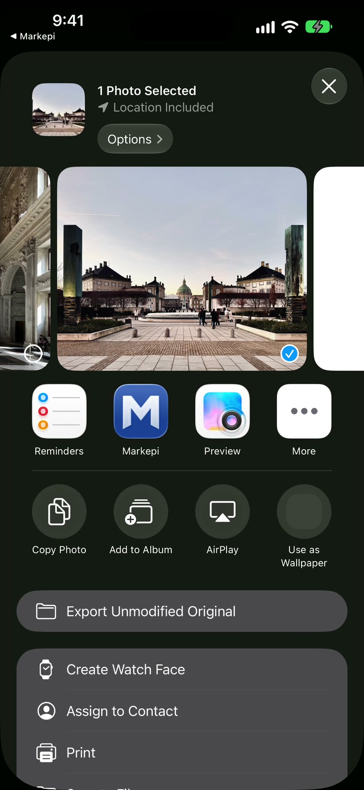 The Photos share sheet with Markepi among the apps