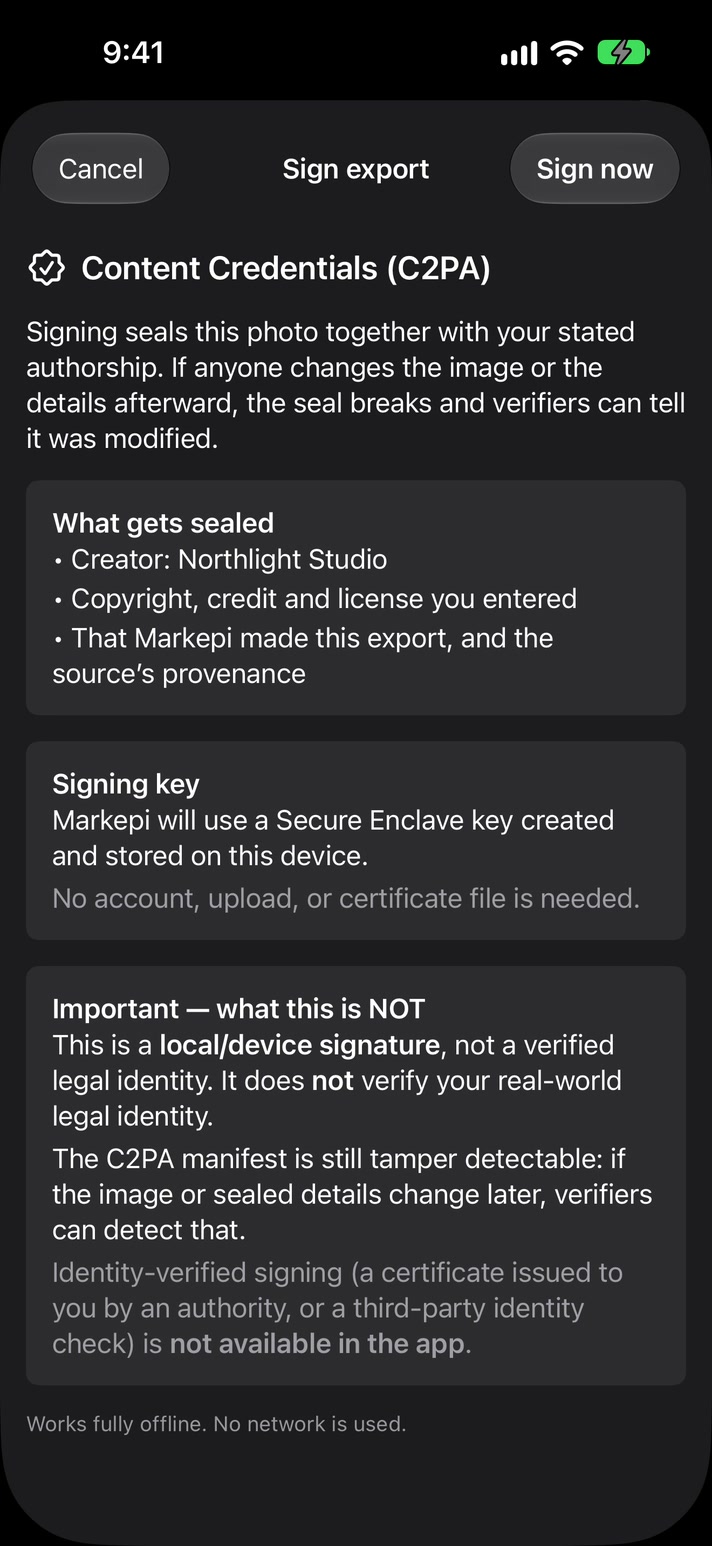 Sign export sheet explaining what Content Credentials seal