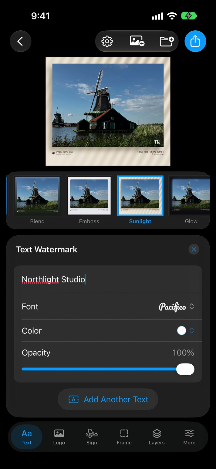 Text watermark panel with the name Northlight Studio in a script font