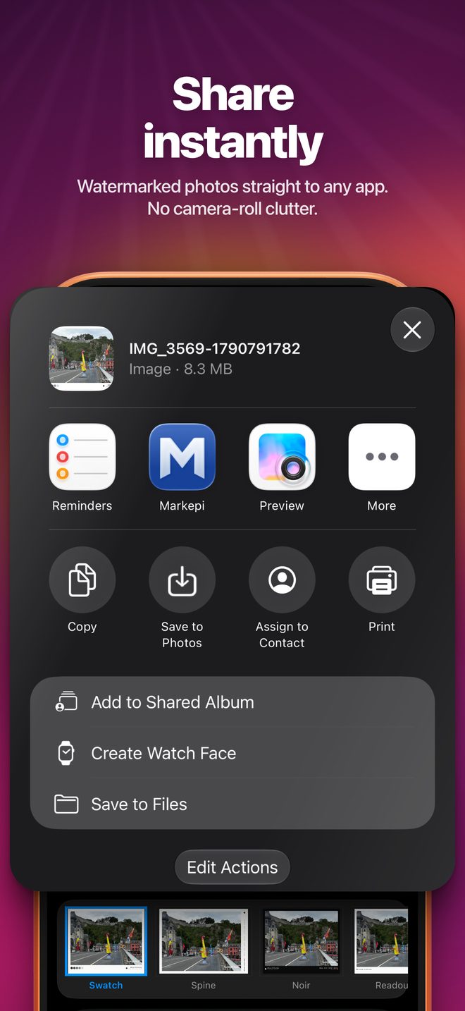 Share instantly, no camera-roll clutter